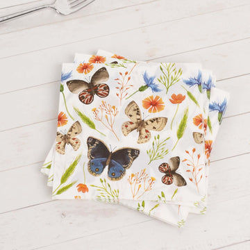 50-Pack Paper Beverage Napkins with Field Herbs and Butterfly Print Ivory - 2 Ply Disposable 18GSM Garden Party Napkins 5"x5"