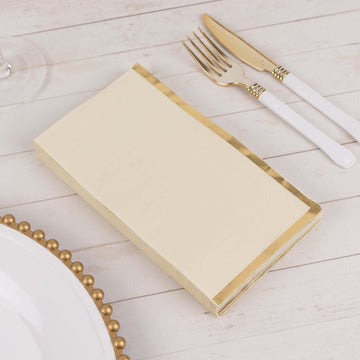 50-Pack Paper Dinner Napkins Ivory with Gold Foil Edge 2 Ply - Stylish Disposable Napkins