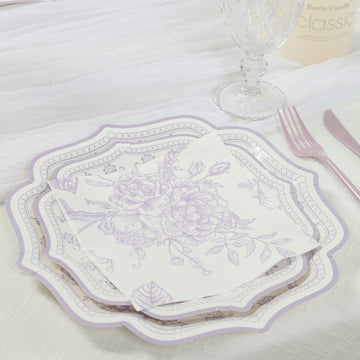 50 Pack Lavender 2-Ply Paper Beverage Napkins in Matte Pink and White French Toile Floral Pattern, Highly Absorbent Soft Disposable Cocktail Napkins