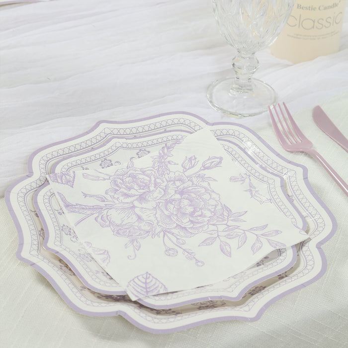 50 Pack Lavender 2-Ply Paper Beverage Napkins in Matte Pink and White French Toile