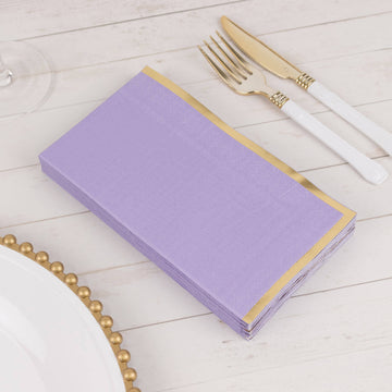 50-Pack Paper Dinner Napkins Lavender with Gold Foil Edge 2 Ply - Stylish Disposable Napkins