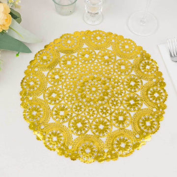 50-Pack Paper 12" Round Placemats in Metallic Gold - Disposable 50GSM Lace Doilies with Medallion Style for Dessert Display & Table Decor