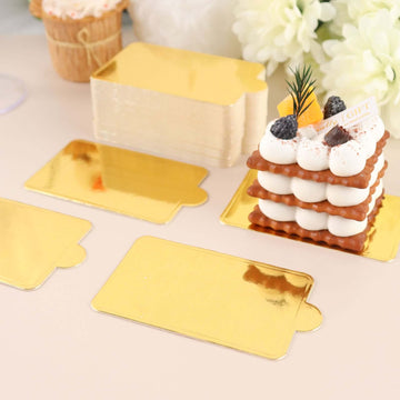 50-Pack Rectangle Cake Boards in Gold Cardboard - Grease Proof Mini Paper Trays for Pastries Cupcakes & Dessert Slices 2.4"x4"