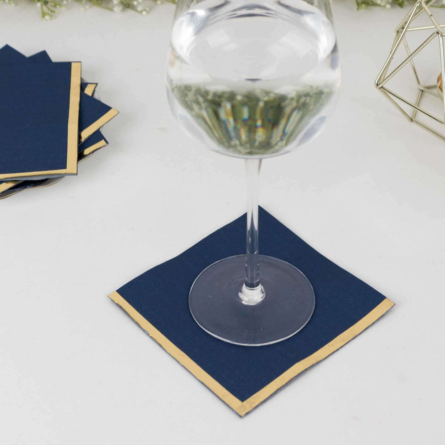 50 Pack Navy Blue Disposable Cocktail Napkins with Gold Foil Edge