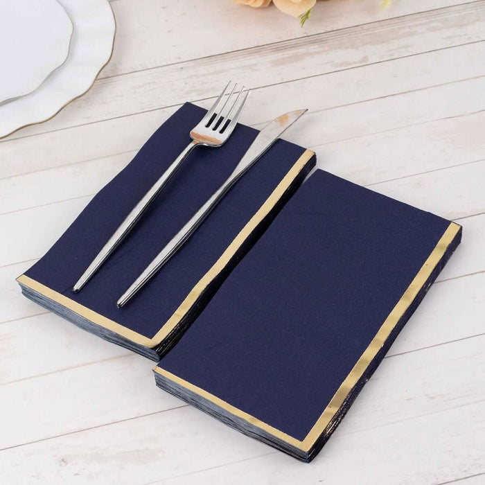 50 Pack Navy Blue Soft 2 Ply Disposable Party Napkins with Gold Foil Edge