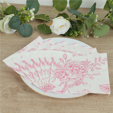 50 Pack Pink 2-Ply Paper Beverage Napkins in Matte Pink and White French Toile Floral Pattern, Highly Absorbent Soft Disposable Cocktail Napkins