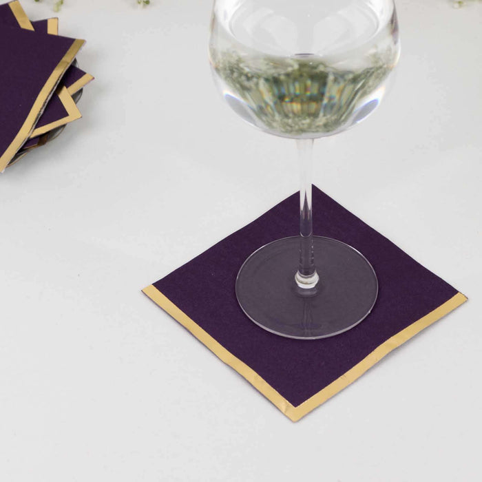 50 Pack Purple Disposable Cocktail Napkins with Gold Foil Edge