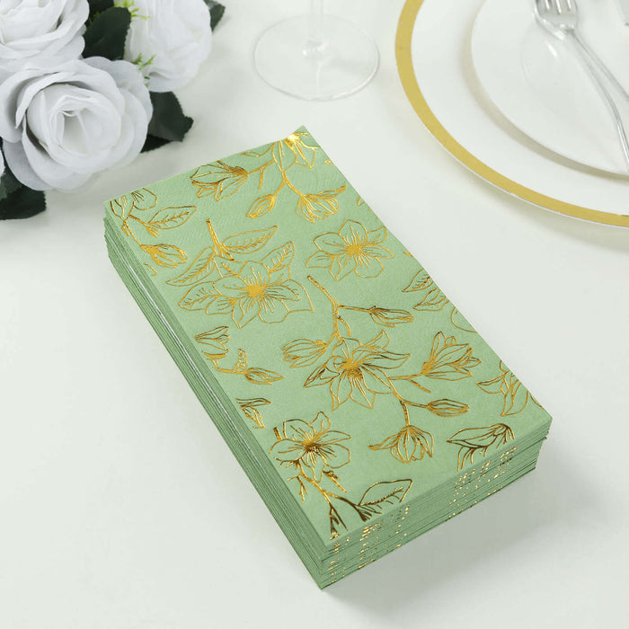 50 Pack Sage Green 2-Ply Paper Party Napkins with Gold Magnolia Flowers Print