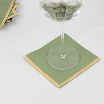 50-Pack Paper Beverage Napkins Sage Green with Gold Foil Edge - 2 Ply Disposable Soft 18GSM Cocktail Napkins 5"x5"