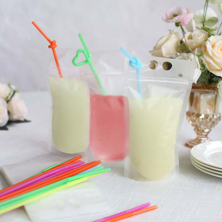 50 Pack Translucent Stand-Up Plastic Smoothie Drink Bags with Straws, 12oz Reusable Hand-Held Zipper