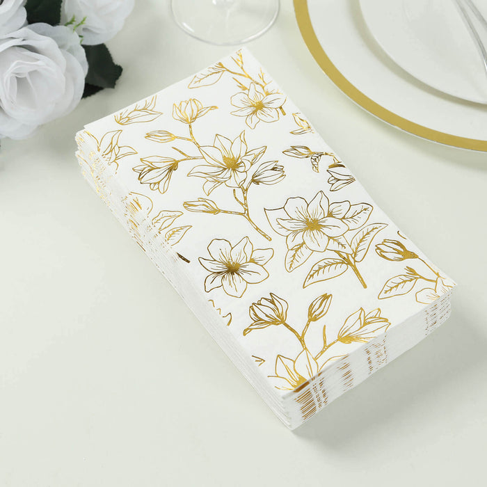 50 Pack White 2-Ply Paper Party Napkins with Gold Magnolia Flowers Print