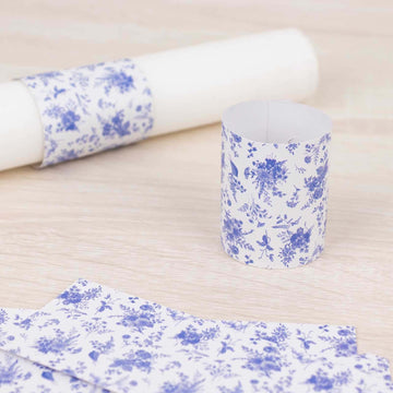 50 Pack White Blue Paper Napkin Holder Bands in French Toile Floral Pattern, Disposable Napkin Rings - 1.5"