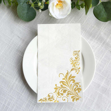 50-Pack Paper Napkins White with Gold Baroque Floral Print - Stylish Disposable Dinner Napkins 8"x4"