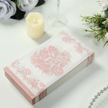 50-Pack Paper Dinner Napkins White with Pink Damask Floral Pattern 2-Ply - Stylish Disposable Napkins for Parties