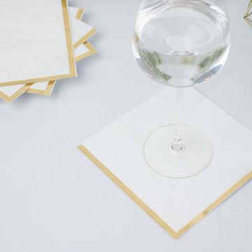 50-Pack Paper Beverage Napkins with Gold Foil Edge White - Disposable 2 Ply Cocktail Napkins for Events 6.5"x6.5"