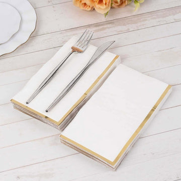 50-Pack Paper Dinner Napkins White with Gold Foil Edge 2 Ply - Stylish Disposable Napkins for Parties