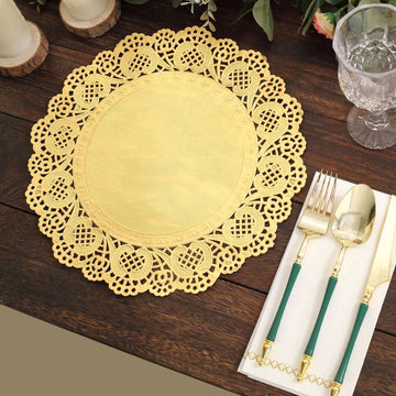 50 Pcs Paper 12" Round Placemats in Gold - Food Grade Lace Paper Doilies for Dessert Display & Table Decor