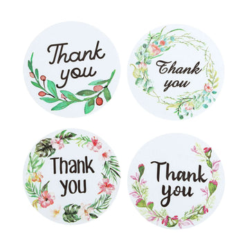 500Pcs 1.5" Thank You Black Print and Floral Design Stickers Roll, DIY Envelope Seal Labels - Round Assorted Designs