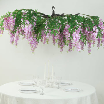 55" Artificial Silk Wisteria Vine Round Hanging Canopy in Lavender Lilac, Draping Garland Flower Chandelier With Interchangeable Branches