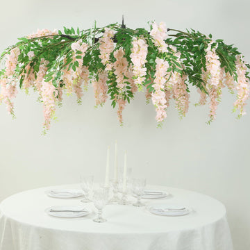 55" Blush Artificial Silk Wisteria Vine Round Hanging Canopy, Draping Garland Flower Chandelier With Interchangeable Branches