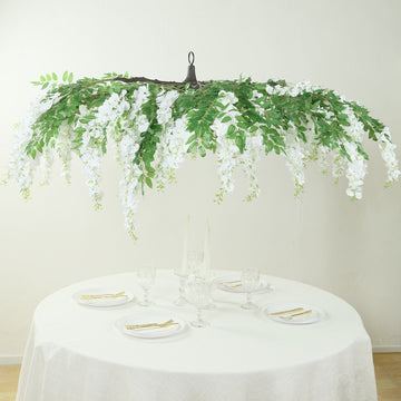 55" White Artificial Silk Wisteria Vine Round Hanging Canopy, Draping Garland Flower Chandelier With Interchangeable Branches