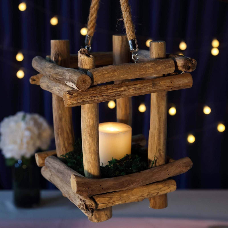 Rustic hanging wooden lantern with candle