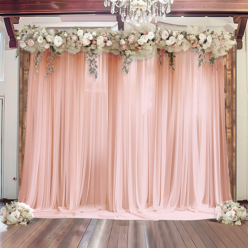 Blush sheer curtain backdrop with floral garland