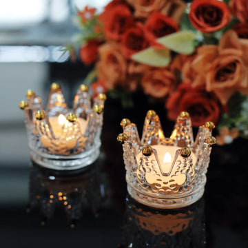 6 Pack Clear Crystal Glass Crown Tea Light Votive Candle Holders With Gold Beaded Tips - 3"x2"