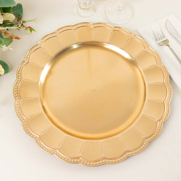 6 Pack Metallic Gold Disposable Sunflower Charger Plates With Scalloped Rim, Elegant Acrylic Plastic Beaded Serving Plates - 13" Round