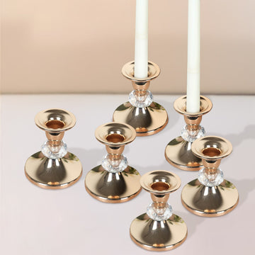 6 Pack 3.5" Gold Metal Taper Candle Holders with Crystal Ball Center, Vintage Candlestick Stands