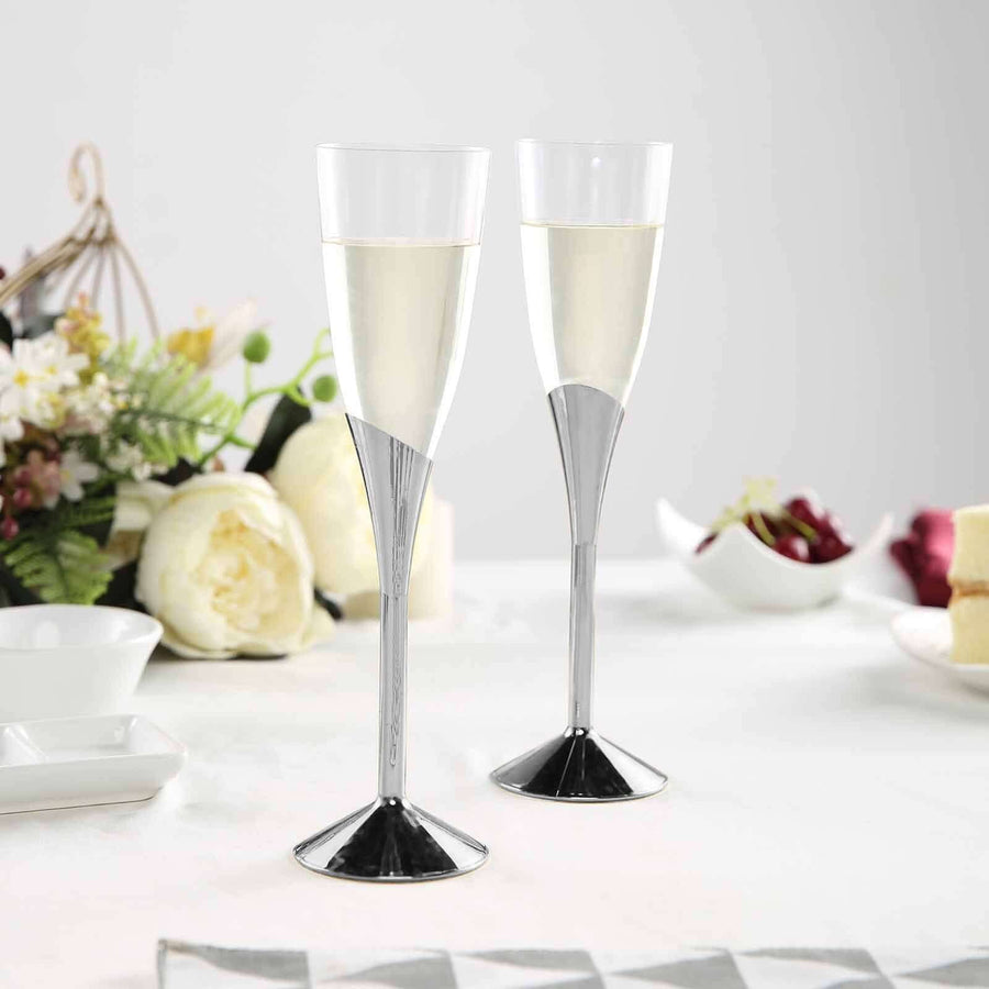 6 Pack | 5oz Clear / Silver Plastic Champagne Flutes, Disposable Glasses With Detachable Base