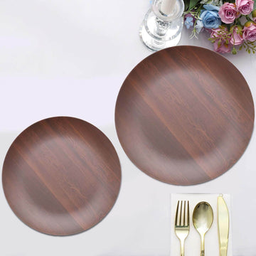 Pack of 6 Melamine 8" Round Dessert Plates in Brown Wood Grain Print - Disposable Shatterproof Appetizer Salad Plates for Rustic Farmhouse-Inspired Table Decor