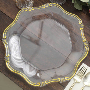 6-Pack Acrylic Plastic Hexagon Charger Plates 13" in Clear with Gold Baroque Scalloped Rim, Exquisite Dinner Serving Plates