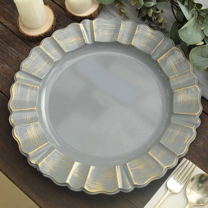 6 Pack | 13inch Round Charcoal Gray Acrylic Plastic Charger Plates With Gold Wavy Rim