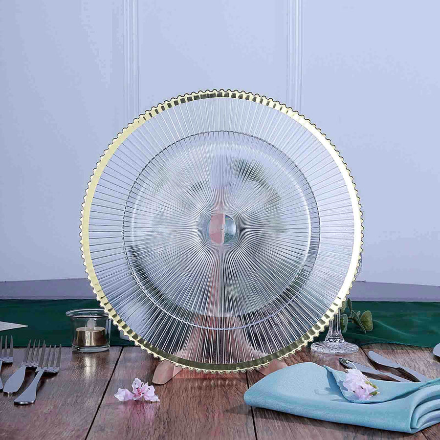 6 Pack 13inch Clear Sunray Wavy Gold Rim Acrylic Plastic Charger Plates Round Dinner Charger Plates