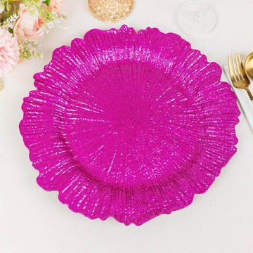 6-Pack Acrylic Plastic Round Charger Plates 13" in Fuchsia with Reef Design, Dinner Charger Tableware