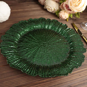 6-Pack Acrylic Plastic Round Charger Plates 13" in Hunter Emerald Green with Reef Design, Dinner Charger Tableware