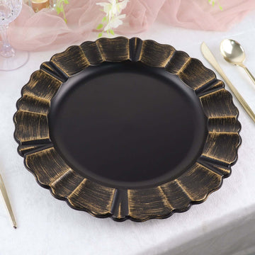 6-Pack Acrylic Plastic Round Charger Plates 13" in Matte Black with Gold Brushed Wavy Scalloped Rim, Decorative Dinner Party Charger Tableware