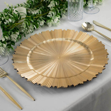 6-Pack Acrylic Plastic Round Charger Plates 13" in Metallic Gold with Sunray Scalloped Rim, Decorative Dinner Party Charger Tableware