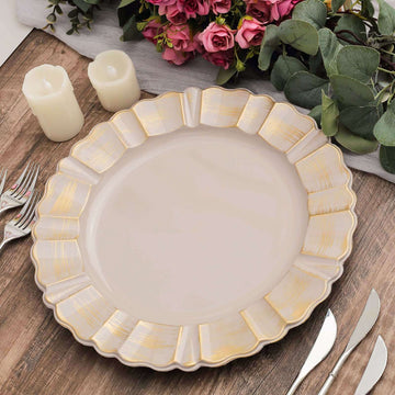 6-Pack Acrylic Plastic Round Charger Plates 13" in Nude Taupe with Gold Brushed Wavy Scalloped Rim, Decorative Dinner Party Charger Tableware