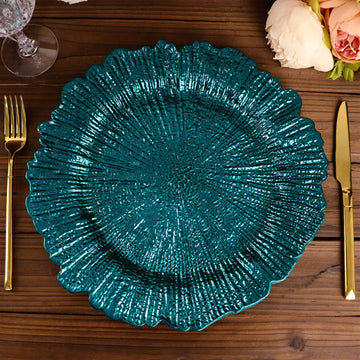 6-Pack Acrylic Plastic Round Charger Plates 13" in Peacock Teal with Reef Design, Dinner Charger Tableware