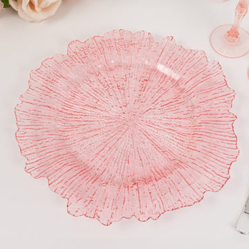 6-Pack Acrylic Plastic Round Charger Plates 13" in Transparent Blush with Reef Design, Dinner Charger Tableware