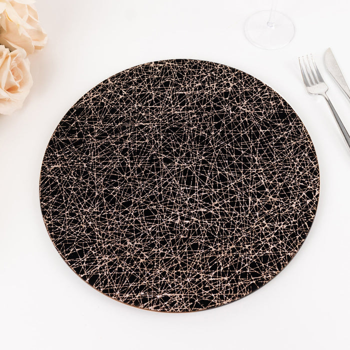 6 Pack Black Glitter Acrylic Charger Plates with Gold Abstract Lines Pattern