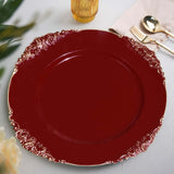 6 Pack | 13inch Burgundy Gold Embossed Baroque Round Charger Plates With Antique Design Rim