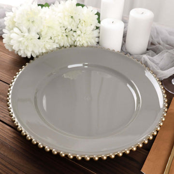 6-Pack Acrylic Round Charger Plates 13" in Charcoal Gray with Gold Beaded Rim, Decorative Dinner Party Charger Tableware