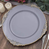 6 Pack | 13inch Charcoal Gray Gold Embossed Baroque Round Charger Plates With Antique Design Rim