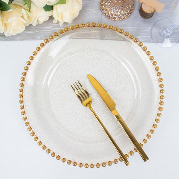 6-Pack Acrylic Round Charger Plates 13" in Clear Gold Glittered with Beaded Rim, Decorative Dinner Party Serving Plates