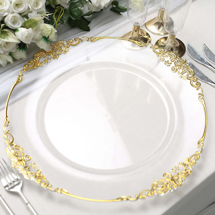 6 Pack | 13inch Clear Gold Embossed Baroque Round Charger Plates With Antique Design Rim