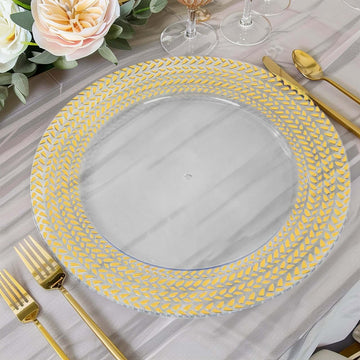 6-Pack Acrylic Round Charger Plates 13" in Clear with Gold Wheat Pattern Rim, Stylish Dinner Party Charger Tableware