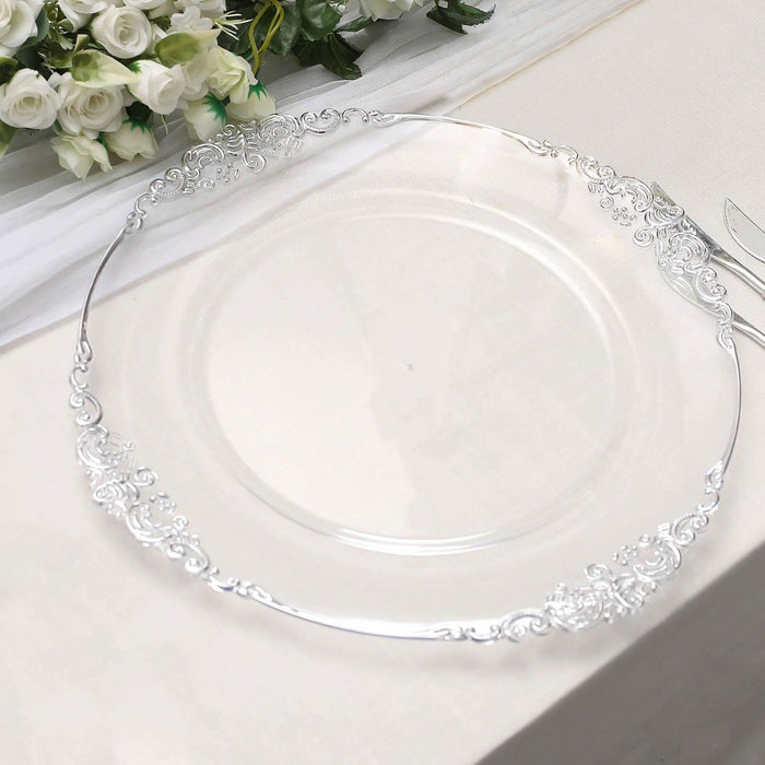 6 Pack | 13inch Clear Silver Embossed Baroque Round Charger Plates With Antique Design Rim